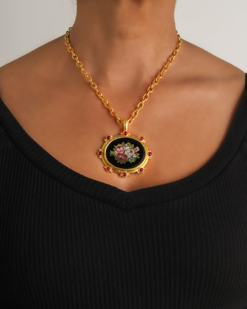 Antique Micromosaic 'Floral' with Rubies Pendant