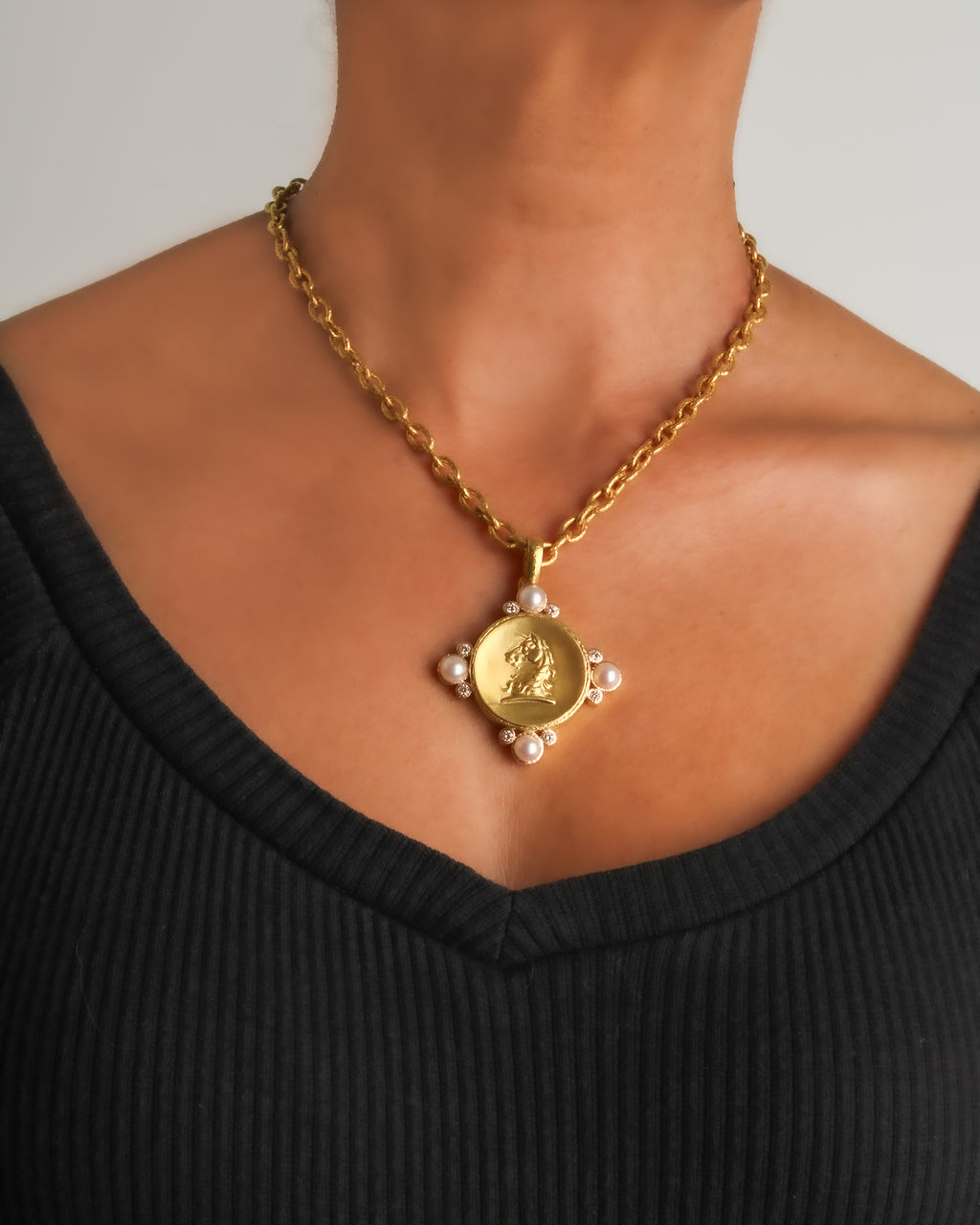 Gold 'Unicorn' with Pearl and Diamond Pendant