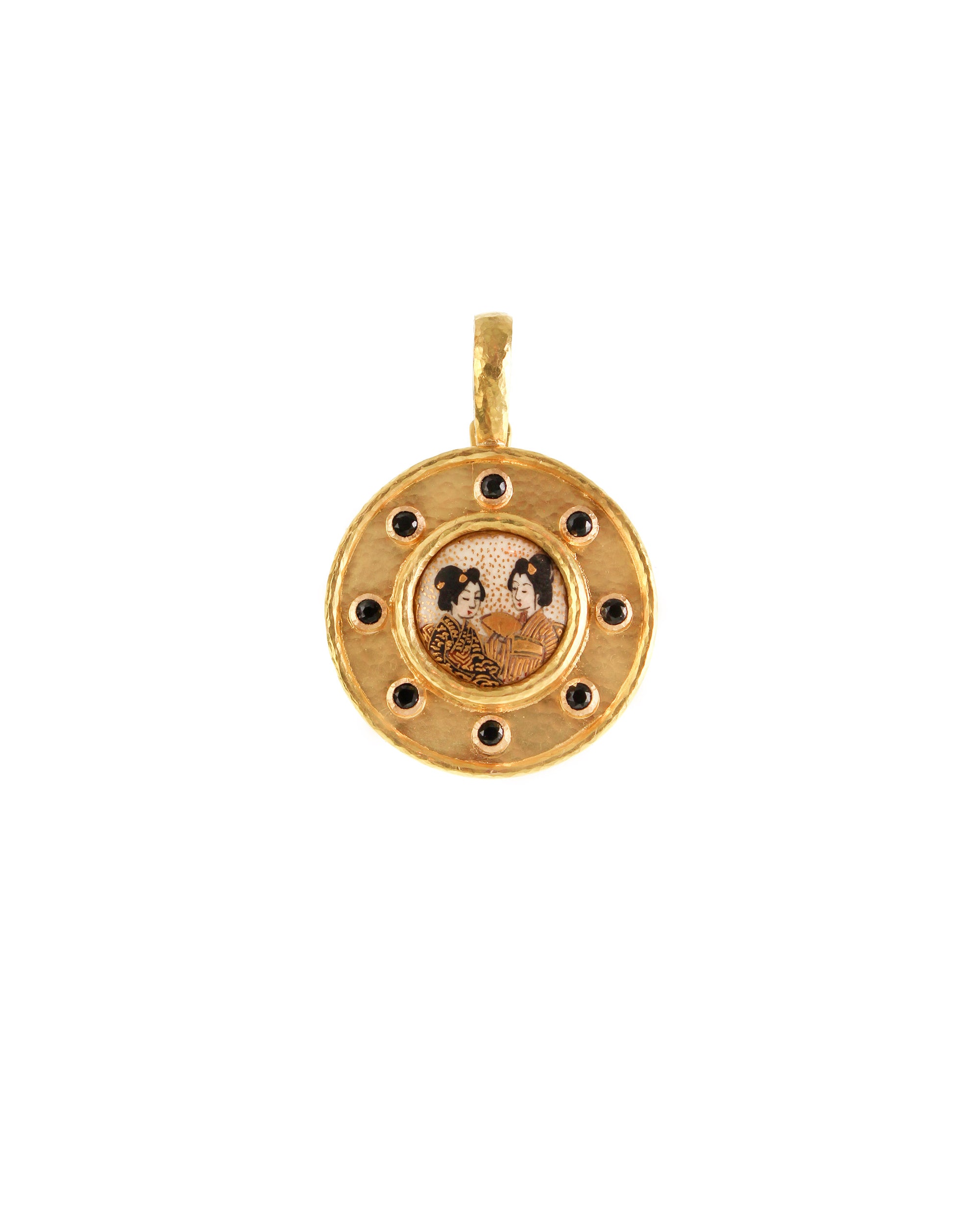 'Two Geishas' Satsuma Button Pendant with Spinel