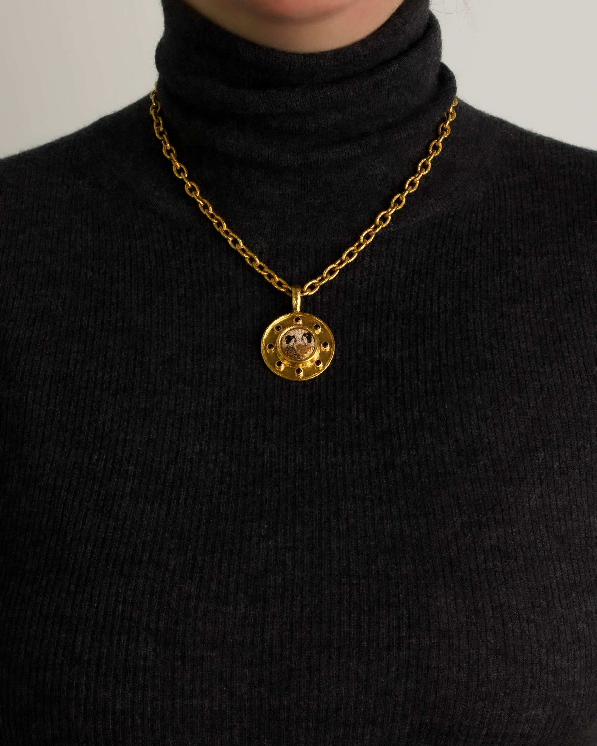 'Two Geishas' Satsuma Button Pendant with Spinel