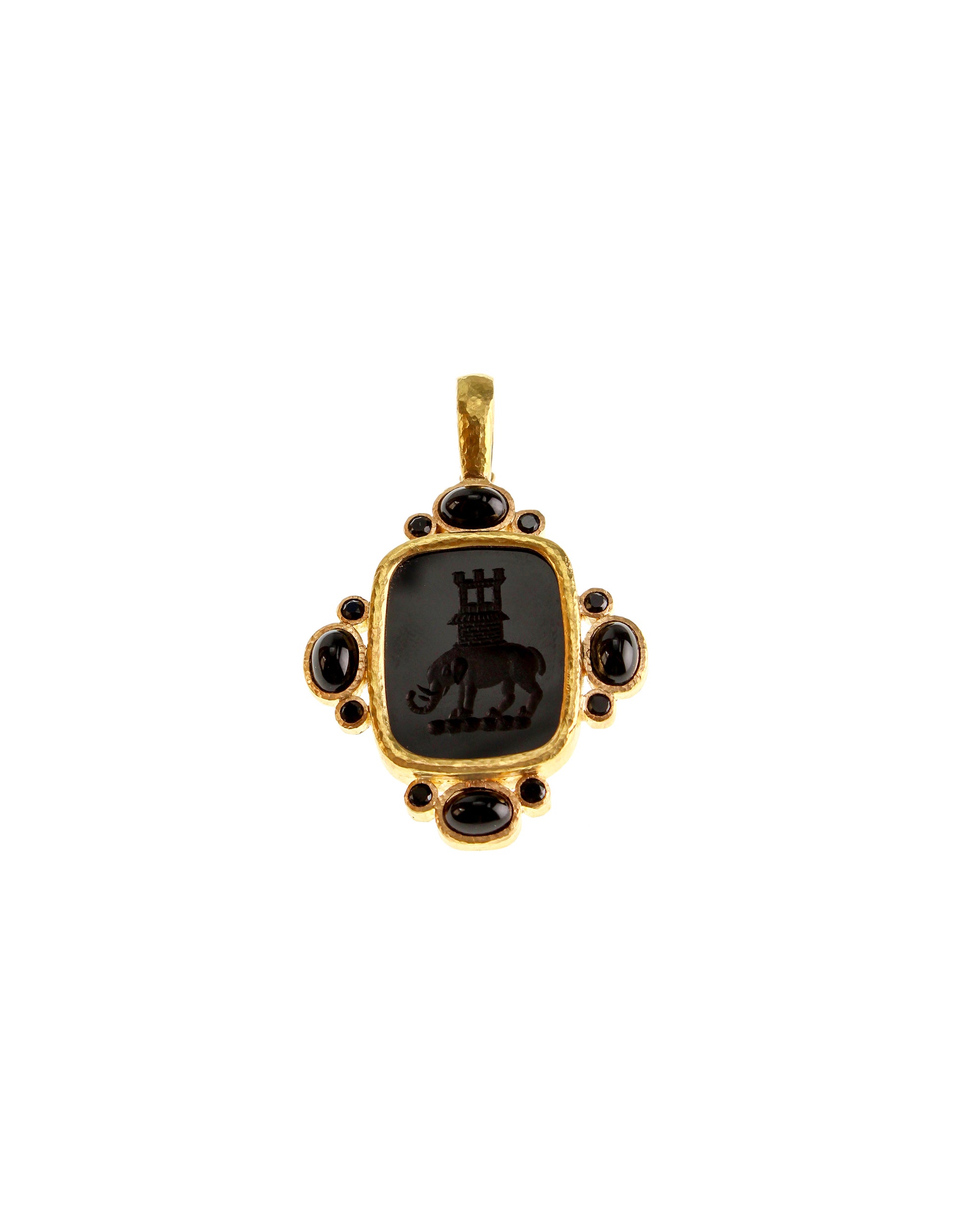 Onyx 'Elephant and Castle' Pendant with Spinel