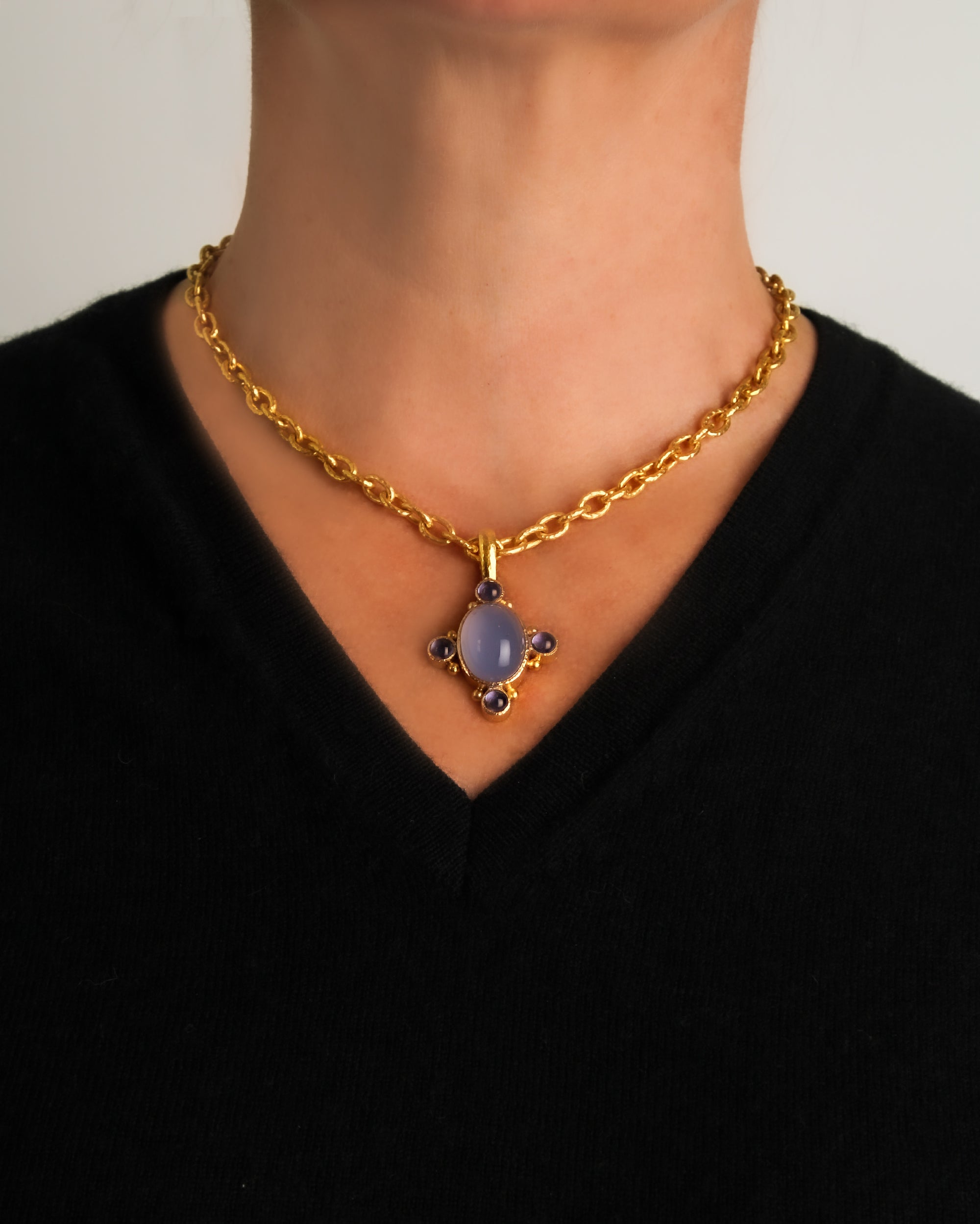 Blue Chalcedony and Iolite Pendant
