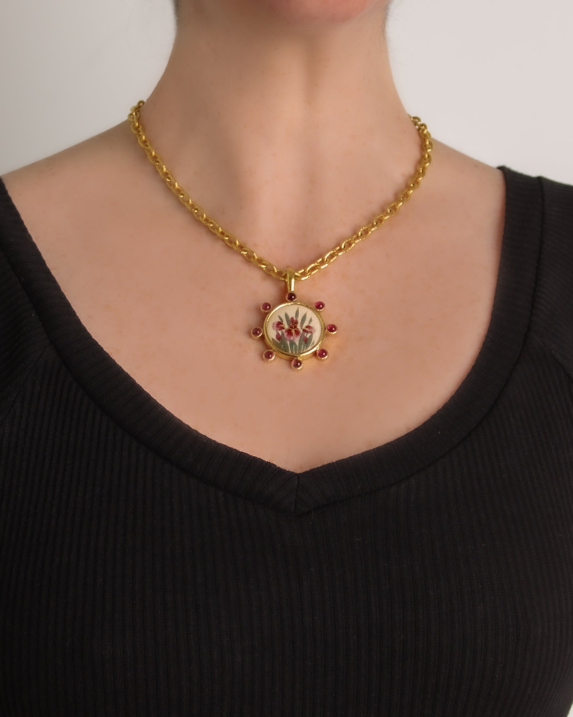 Antique Satsuma Button with Tourmaline Pendant