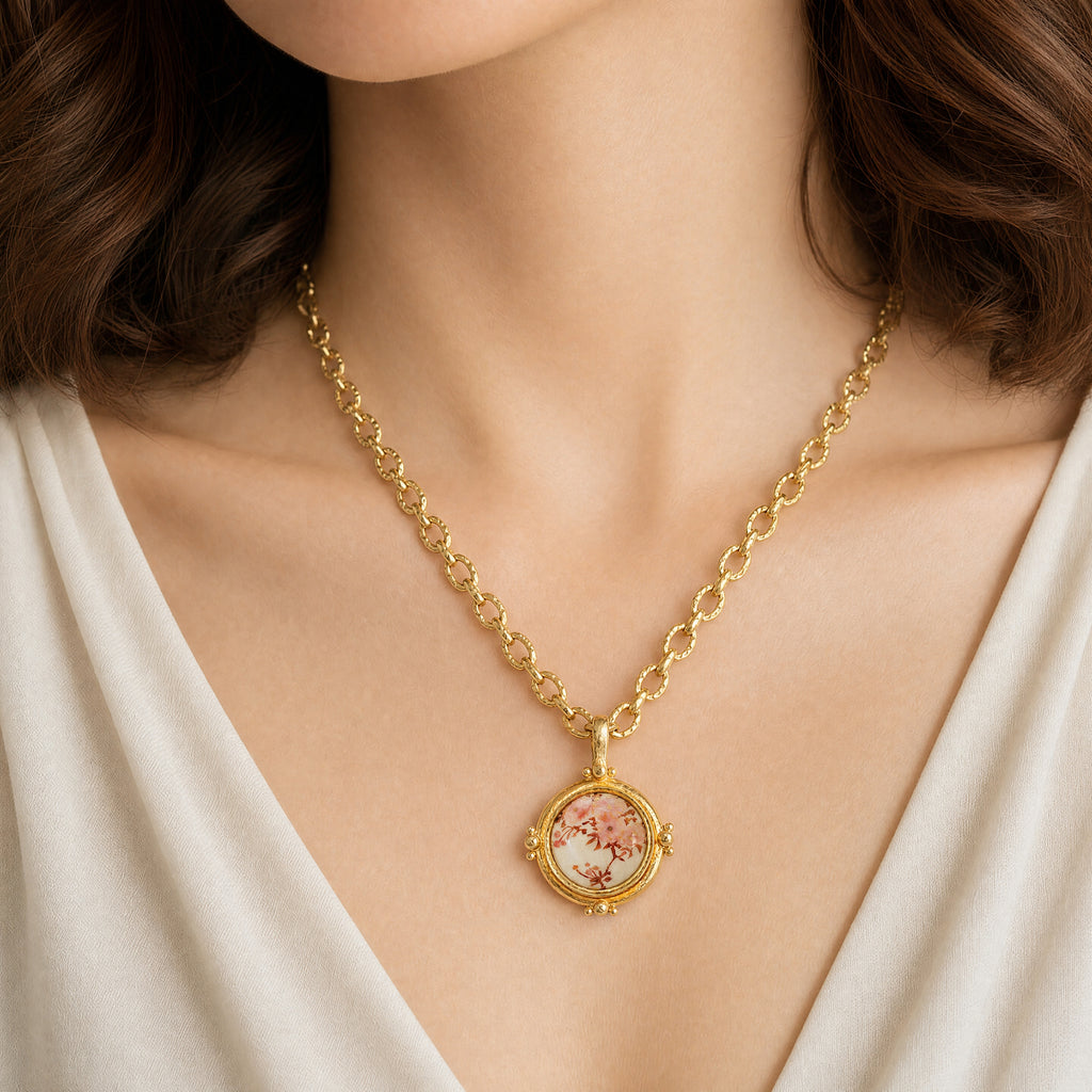 Antique Satsuma Porcelain 'Pink Flowers' Pendant