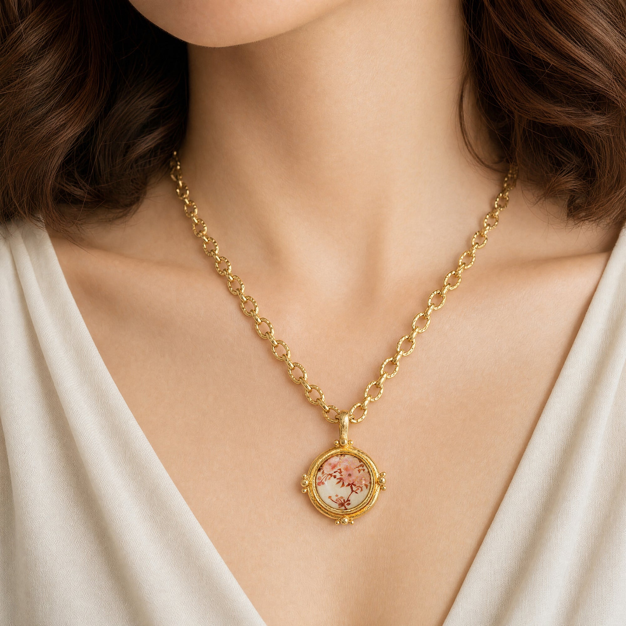 Antique Satsuma Porcelain 'Pink Flowers' Pendant