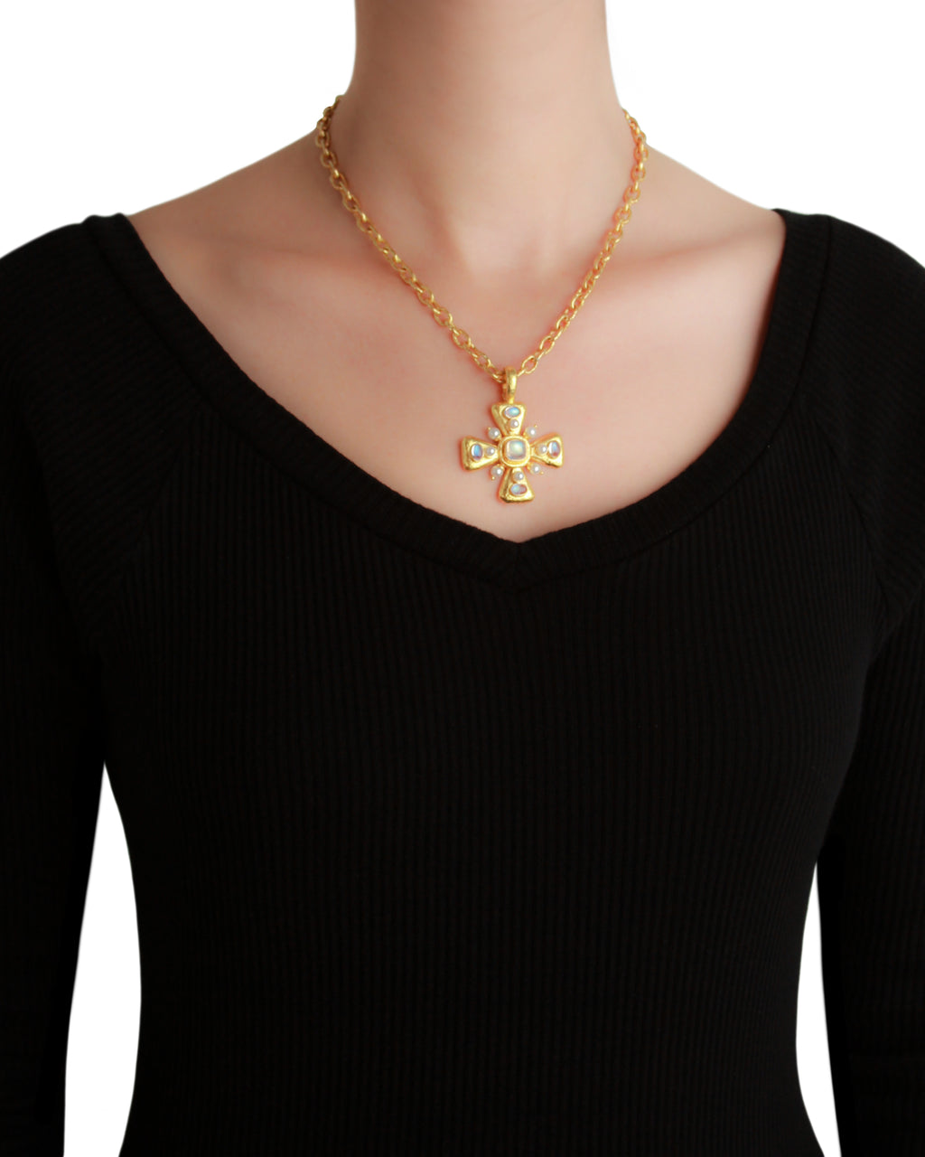 Small Moonstone and Pearl Maltese Cross Pendant