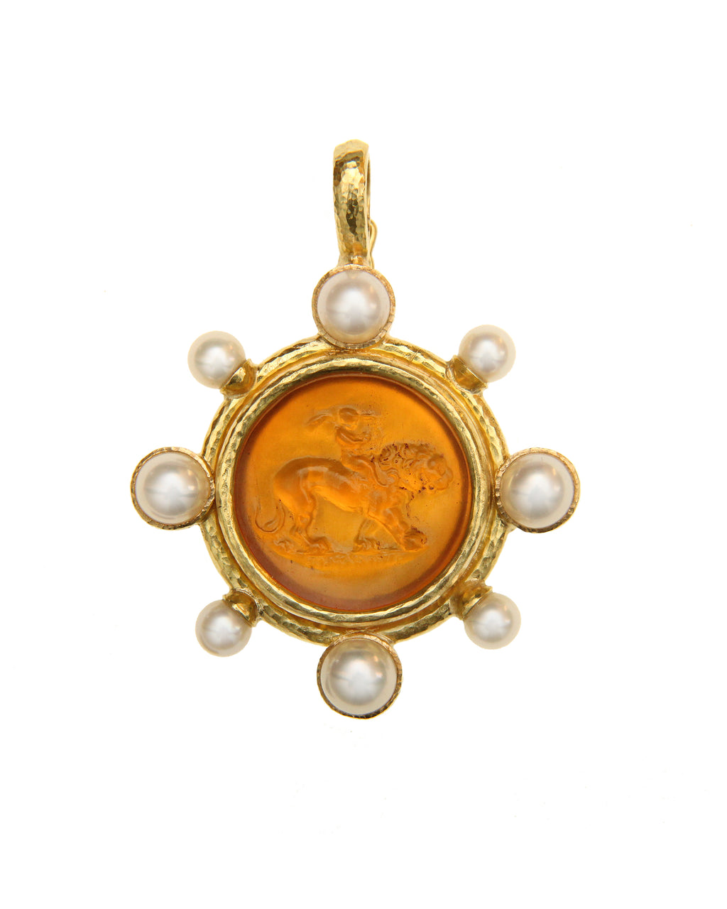 Amber 'Cupid Riding Lion' and Pearl Pendant