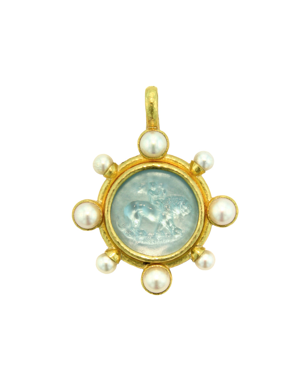 Light aqua 'Cupid Riding Lion' and Pearl Pendant