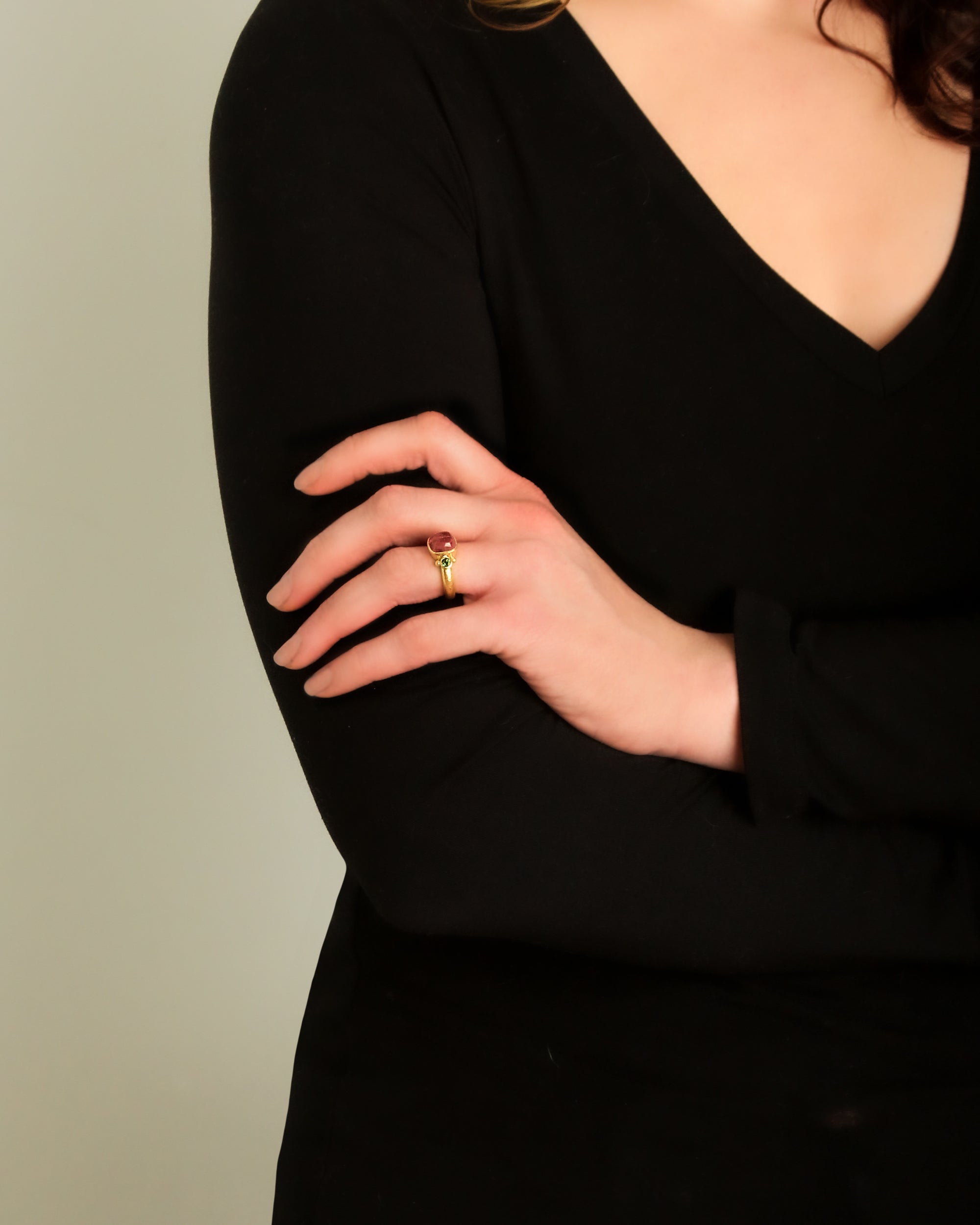 Pink Tourmaline and Tsavorite Ring